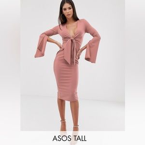 ASOS Design Tall Long Sleeve Plunge Tie Belt Midi Dress
